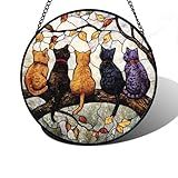 DASTOLL Stained Glass Window Hanging - 5 Cats on a Branch Suncatcher for Window Doors Home Decoration and Christmas, Mother's Day Father's Day Birthday Gifts for Women, Men, and Mom 7.8x7.8 in