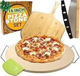 Large Pizza Stone for Oven 16 inch - Round Pizza Stone for Grill with Handles, Wood Pizza Peel and Cutter Set - Baking Stone for Bread - Pizza Making Kit Accessories - Gifts for Food Lovers