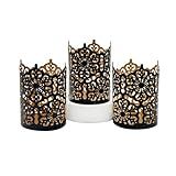 Hosley Set of 3 Black Finish Metal Candle Holders 4 Inch High Lattice Cut Lanterns for Coordinated Elegance and Enchanting Illumination Elevate Your Decor