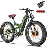FREESKY Upgraded Peak 4000W Dual Motor Electric Mountain Bike for Adults, 1440 wh Battery, 26" Fat Tire Full Suspension Hydraulic Disc Brake Ebike, Beach Off-Road Mountain E-Bike Green