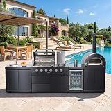 125" Black Outdoor Kitchen Island, 4-Burner Propane Grill Pizza Oven Fridge
