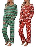 Ekouaer Womens 2 Pack Pajama Set Long Sleeve Pajamas Top and Pants V Neck Pjs Set Soft Loungewear with Pockets