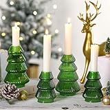 Leinuosen 4 Pcs Christmas Tree Candle Holder Green Glass Candlestick Holder for Taper Candle Stand Modern Green Candlestick for Christmas Holiday Table Centerpiece Mantel Home Room Party Decor Gift