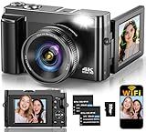 4K Digital Camera for Photography Autofocus, Upgraded 64MP WiFi Vlogging Camera for YouTube with 3" 180° Flip Screen, 16X Zoom, Compact Travel Cameras for Beginners with 32GB Card, 2 Batteries, Black