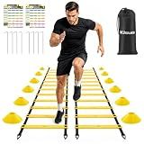2 Pack 20ft Agility Ladder Set, 40ft Total Adjustable Speed Ladder with 12 Cones, 8 Stakes, 1 Carry Bag - Parallel Footwork Drills Gear for Football Soccer Basketball Training Equipment (Yellow)