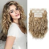 REECHO Clip in Hair Extensions, 4PCS Hair Extensions 12" Short Curly Wavy Blonde hair extensions Invisible Lace Weft Natural Soft Hairpieces for Women – Golden Blonde with Highlights