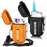 2 Pack Waterproof Lighter Outdoor Windproof Torch Lighters Dual Arc Butane Electric Lighters USB Rechargeable Lighters Flameless Plasma Lighter Camping Hiking Adventure Survival Tactical Gear