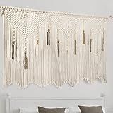 Extra Large Macrame Wall Hanging 70.8" × 39" Boho Tapestry Woven Decor- Cotton Tassel Curtain Beige Chic Bohemian Wall Art for Home Living Room Bedroom Dorm Wedding (Includes Rod)