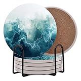Dark Blue and White Marble Round Coasters Set of 6 - Abosrbent Ceramic Coasters with Metal Stand for Drinks, Coffee, Non-Slip Cork Back for Tabletop Protection, 4 Inches Marbled Pattern (Clouds)