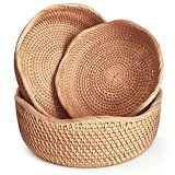 Artisanal Rattan Bread Baskets for Serving, Natural Fruit Basket for Kitchen Counter, Hand Woven Food Baskets, Wicker Bread Basket for Serving, Fruits, Snacks, Nuts, Keys, Wallets, Etc.(Wave-Combo)