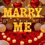 Marry Me Light Up Letters, with 30 Tea Lights Candles, Rose Petals, Aluminum Balloons, Balloons, Red Carpet, Rose Ring Box, Double Sided Tape, Valentine's Day Proposal Engagement Wedding Decorations