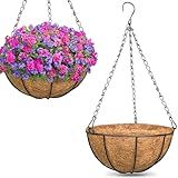 ZeeDix 2 Pack 14 Inch Metal Hanging Baskets for Plants Outdoor, Wire Round Planters with Coco Coir Liner, Hanging Flower Baskets for Home Garden Porch Balcony Railings Decor