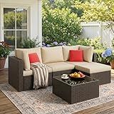 Vongrasig 5 Piece Patio Furniture Sets, Outdoor Patio Set Sectional Sofa, All-Weather PE Rattan Outdoor Couch with Ottoman, Glass Table for Garden, Backyard, Porch, Beige