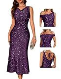 BeryLove Formal Homecoming Evening Sequin Cocktail Gowns Midi Wedding Guest Dresses Sparkly Party Bodycon Ruched Cowl Neck Sleeveless Long Dress 0035 Grape L