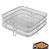Dycica 8 inch Air Fryer Rack for Instant Vortex Fryer,Philips,COSORI Fryer,Square Three Stackable Racks,Stainless Steel Multi-Layer Dehydrator Rack,Air Accessories