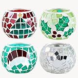 4 PCS Mosaic Glass Tealight Votive Candle Holders - Red & Green Christmas Table Centerpiece Decorations for Indoor/Outdoor Holiday Decor