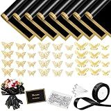 93Pcs Flower Graduation Gifts 2025 Money Bouquet Wrapping Paper Kits, 20 Black Waterproof Floral Paper 10 Greeting Cards 12 Gold Butterfly 50 Flower Pins 1 Roll Ribbon for Birthday Party Favor