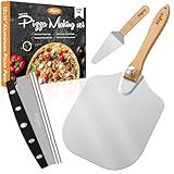 KLYRO Pizza Peel Aluminum Pizza Spatula Set, 12 x 14 Inch Metal Pizza Paddle with Foldable Wooden Handle, Pizza Rocker Cutter, Pizza Server, Pizza Oven Accessories for Baking Homemade Pizza Bread