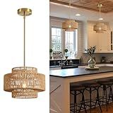 InterMaka 12.4” Boho Rattan Chandelier Light Fixture, 1-Light Hand Woven Pendant Light Fixture Farmhouse Rustic Hanging Lamp for Kitchen Island Bedroom, Dining Room, Living Room, Entryway, Foyer