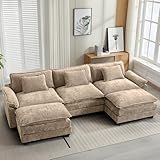 Oprisen 120" Modular Sectional Sofa, Comfy Cloud Couch Sectional Sofa with Ottoman, Chenille Sofa Sleeper Deep Seat Sofa with Throw Pillows for Living Room (Khaki, 120"- U Shape)