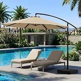 OLILAWN 10FT Patio Umbrella with Base Included, Cantilever Offset Outdoor Patio Umbrella with 360° Rotation & Infinite Tilt, Fade-Resistant Yarn-Dyed Canopy, 8-Rib Steel Frame for Patio Pool Deck Backyard, Beige