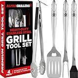 Alpha Grillers Grilling Accessories - Grilling Gifts for Men - BBQ Accessories Grill Tools Set with Spatula, Fork, Brush & Tongs - Outdoor Barbecue Utensils Gifts for Men Dad Him Boyfriend