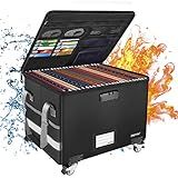 ENGPOW Fireproof Document Box with Wheels, Collapsible File Box with Lock, Rolling File Storage Organizer Filing Cabinet with Pockets, Portable Home Office Safe for Hanging Letter/Legal Folder