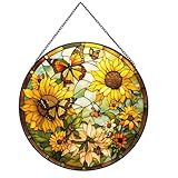 Payutou Sunflower Hanging Stained Glass for Windows,20cm/7.87inch Hand-Painted Sun Catcher Garden Hangings Christmas Mother's Day, Valentine's Day Ornaments Festival Gift