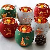 Christmas Votive Candle Holder Set of 6, Red Green White Glass Tealight Holder with 6 Laser Engraving Patterns for Winter Xmas Table Centerpiece Decor