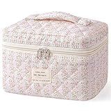 HBselect Large Quilted Makeup Bags for Women, Mothers Day Gifts, Cute Cotton Travel Cosmetic Bags with Handle, Gifts for Bridesmaids, Portable Coquette Floral Make up Bag, Toiletry Cosmetic Bag
