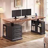 SEDETA Farmhouse Electric Standing Desk, 63" Height Adjustable Computer Desk with 3 Drawers, Storage Shelves, Power Outlets, Wood Home Office Stand up Desk for Work, Study, Writing, Black