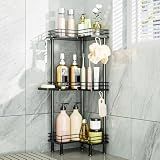 Consumest Corner Shower Caddy Standing - 3-Tier Stainless Steel Shower Organizer with Soap Holder and 4 Hooks, Large Capacity Corner Shelf Stand for Bathroom, Rest Room, Black