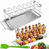 Chicken Leg Rack for Grill with Drip Tray, 14 Slots Stainless Steel Chicken Wing Rack, Chicken Drumstick Holder for Smoker,Chicken Drumstick Rack BBQ Accessories