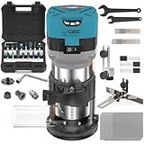 TWOWIN Router Tool, 6.5 Amp 1.25 HP Hand held Wood Router Tool, Compact Palm Trim Router for Woodworking, 6 Variable Speeds Fixed Base Laminate Router Woodworking Tool with Dust Hood 15PCS Router Bits