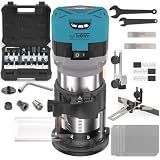 TWOWIN Router Tool, 6.5 Amp 1.25 HP Hand held Wood Router Tool, Compact Palm Trim Router for Woodworking, 6 Variable Speeds Fixed Base Laminate Router Woodworking Tool with Dust Hood 15PCS Router Bits