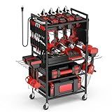 JUNNUJ Garage Large Power Tool Organizer Cart with 20A Charing Station, Heavy Duty Drill and Tools Battery Holder Storage Rack with 10 FT Power Strip, Floor Standing Rolling Tool Cart on Wheels, Black