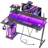 Korfile 40 Inch Gaming Desk with LED Lights & Power Outlet, L Shaped Computer Gaming Table with Storage Shelves, Reversible Corner Desk with Monitor Stand for Home Office, Carbon Fiber Black