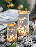 Romadedi Christmas Candle Holders Centerpiece - 2 Pcs Mercury Silver Hurricane Glass Pillar Candle Holder with Snow House Reindeer Decor for Table Centerpieces Fireplace Dining Room Xmas Gift