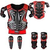 Youth Dirt Bike Gear, JUSTDOLIFE 5 PCS Motorcycle Armor Protection Jacket, Kids Motorcycle Armor with Knee Pads Elbow Pads Chest Protector Racing for Outdoor Sports (Red)