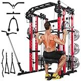 Smith Machine Power Squat Rack Cage Home Gym, 2000lbs All in One Dual Cable Crossover Machine with LAT Pulldown Strength Training Power Cages with Pulley Workout System, Garage Bench Press