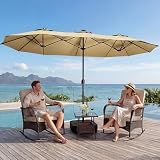 LEVELEVE 15FT Double-Sided Patio Umbrella with Base Included, Large Outdoor Rectangular Market Umbrella for Backyard, Poolside, Lawn & Garden, Khaki