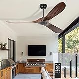 heimo 52 Inch Ceiling Fan No Light, Wood Indoor Outdoor Ceiling Fans Without Lights for Patios Bedroom Living Room Modern Propeller Exterior 3 Blade Wooden Fan with Remote Control(Walnut)