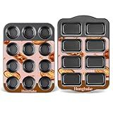 HONGBAKE Nonstick Muffin Pan 12 Cup and Mini Loaf Pans 8 Cavity, Cupcake Tin for Baking and Small Banana Bread Tray - Grey