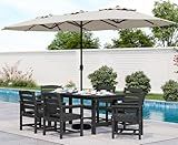 SERWALL 8-Piece Patio Dining Sets with 15FT Double Side Patio Umbrella, Outdoor HDPE Dining Furniture Set with Umbrella Hole Cut-Out Table and 6 Chairs, Black（Umbreall Base not Included）