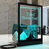 HEMYLU Tip Jar with 2 Sign Holders, LED Light & Lock for Bar & Party, Donation Box with Sign Holder ''Tips! Thank You!'', Suggestion Box with DIY Blank Sign Holder for Getting Cards, Voting & Ballots
