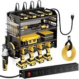 POKIPO Power Tool Organizer Wall Mount with Charging Station,Tool Storage Rack with 8 Outlet Power Strip,Heavy Duty Metal Battery Utility Rack with 4 Cordless Drill Holder 6.56 Ft Cord for Garage