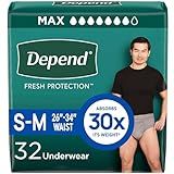 Depend Fresh Protection Adult Diapers, Incontinence Underwear for Men, Disposable, Maximum, Small/Medium, Grey, 32 Count, Packaging May Vary