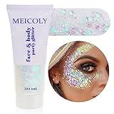 MEICOLY Clear White Body Glitter,Singer Concerts Music Festival Rave Accessories,Mermaid Face Glitter Gel,Sequins Glitter Face Paint,Chunky Hair Sparkling Halloween Glitter Gel for Women,50ml