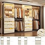Aheaplus Closet System, 6-15Ft Closet Organizer with 8 Wooden Drawers, Wood Closet Organizer System with Tower, Walk-in Closet Organizer Wardrobe Garment Clothes Rack with 4 Hanging Rods, White Oak