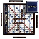 WS Game Company Scrabble Deluxe Edition Board Game Featuring a Rotating Wooden Game Cabinet with Built-in Storage and Raised Letter Tile Grid — Board Games for 2-4 Players (Ages 8+)